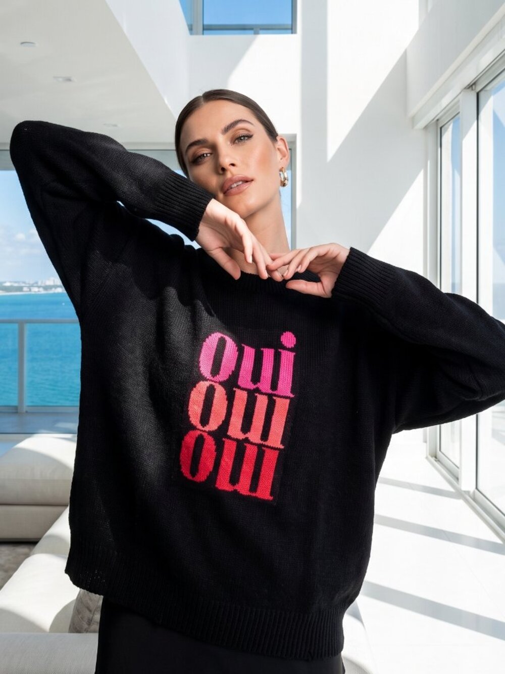 NWT Anthropologie Black Sweater Pink & Red 'oui' " Graphic XL